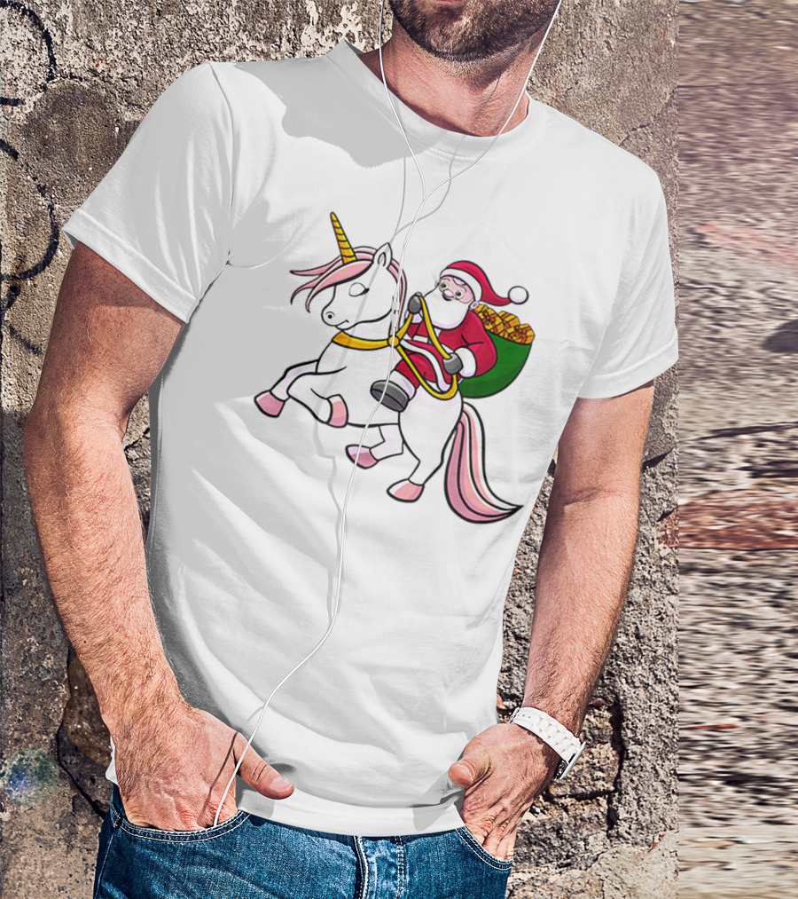 Santa Riding Unicorn With Sack Of Gifts For Cute Girls T-Shirt