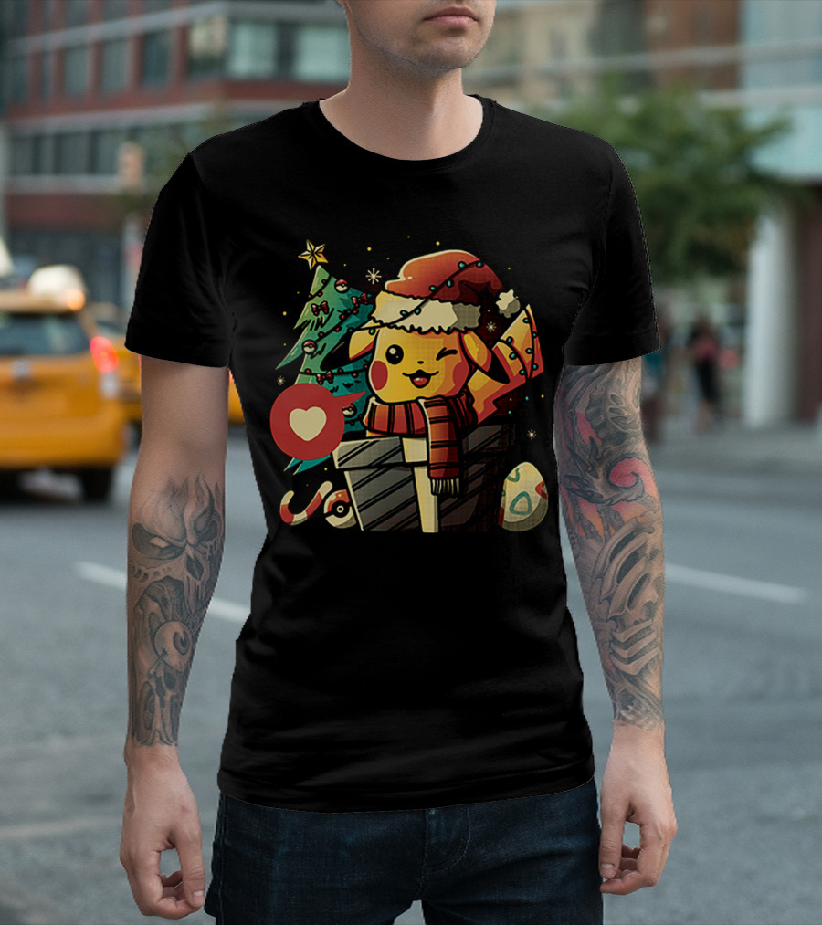 Pikachu In Santa Hat With Electric Christmas Tree And Candy Cane T-Shirt