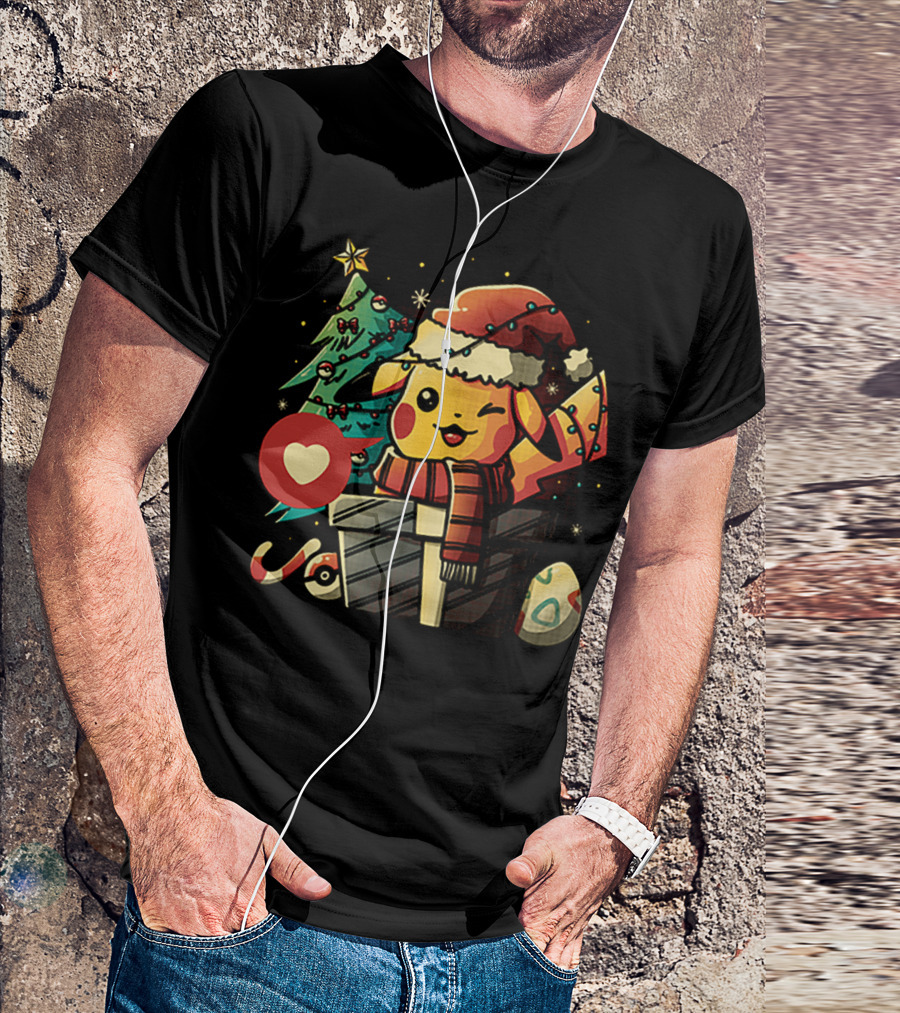 Pikachu In Santa Hat With Electric Christmas Tree And Candy Cane T-Shirt