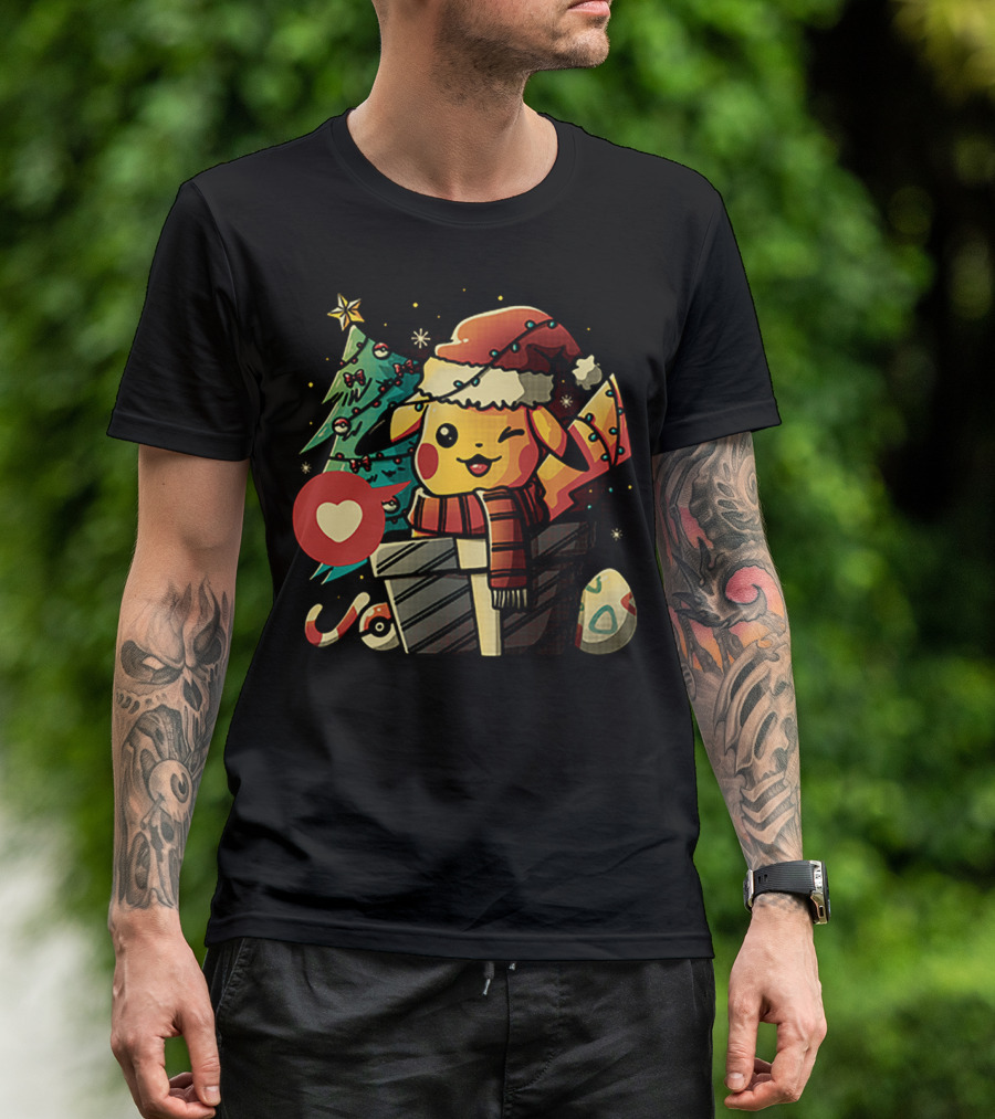 Pikachu In Santa Hat With Electric Christmas Tree And Candy Cane T-Shirt