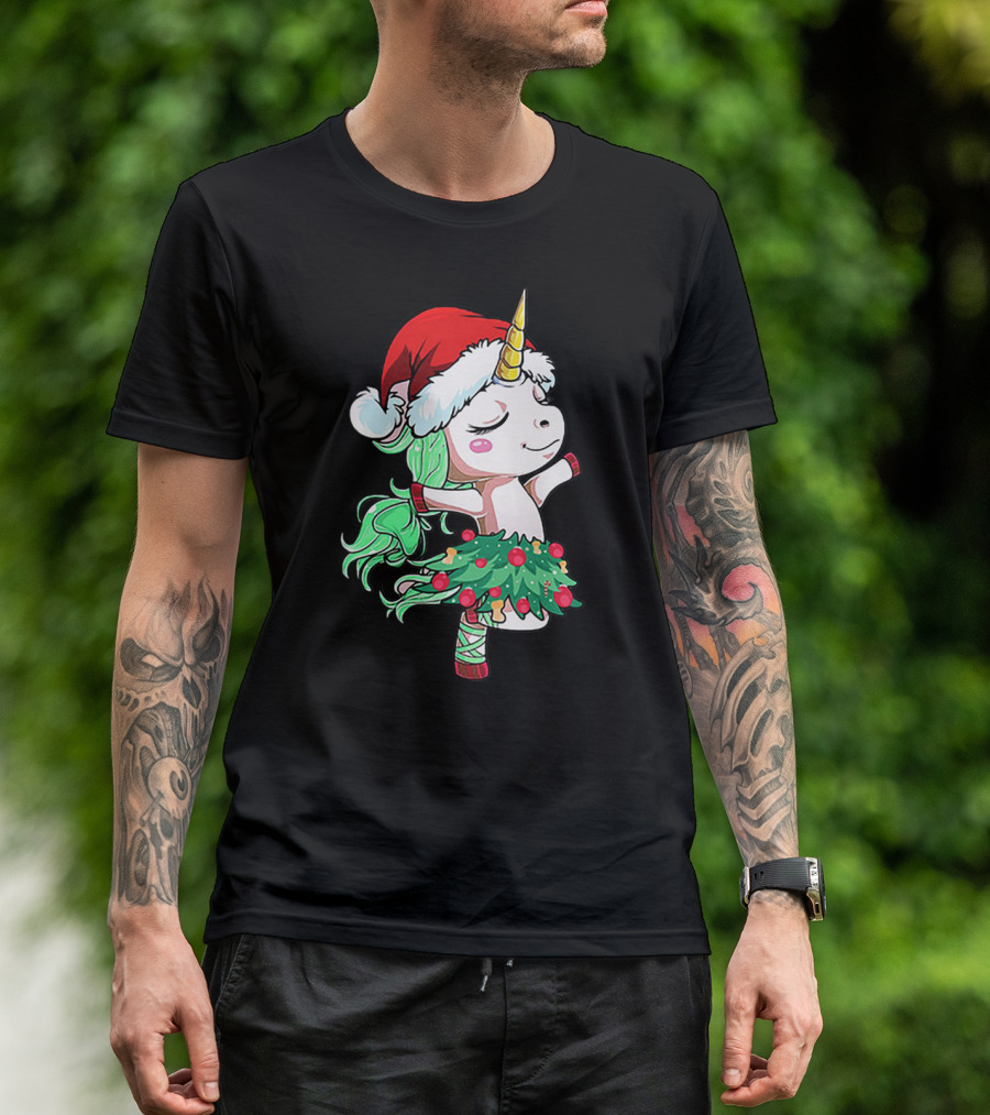 Santa Unicorn Christmas Tree Festive Dance T-Shirt
