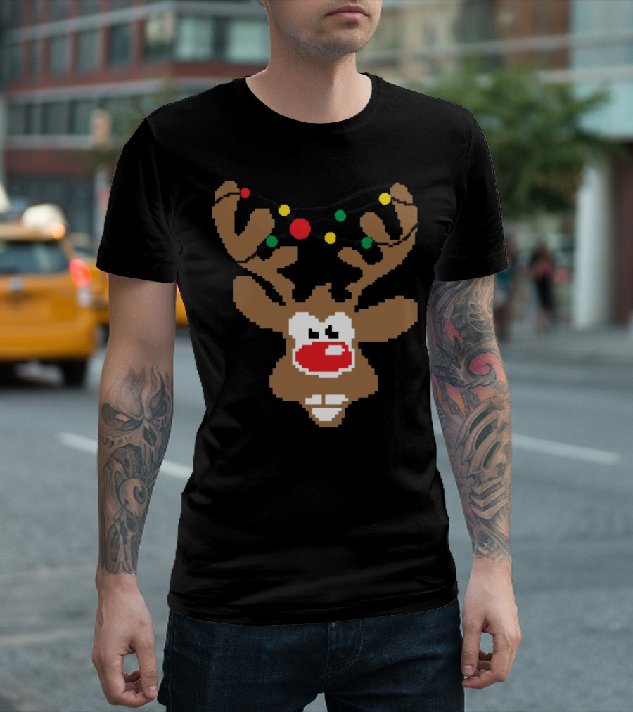 Christmas Youth Pixel Reindeer with Colorful Lights T-Shirt