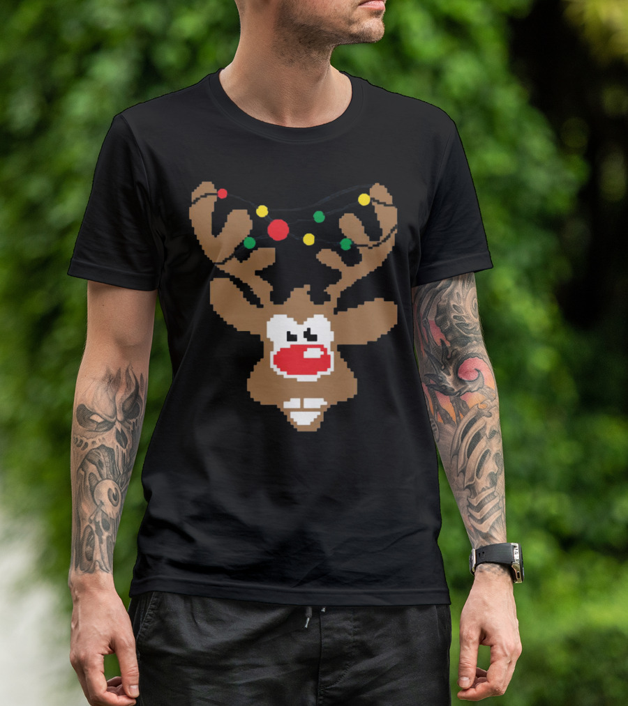 Christmas Youth Pixel Reindeer With Colorful Lights T-Shirt