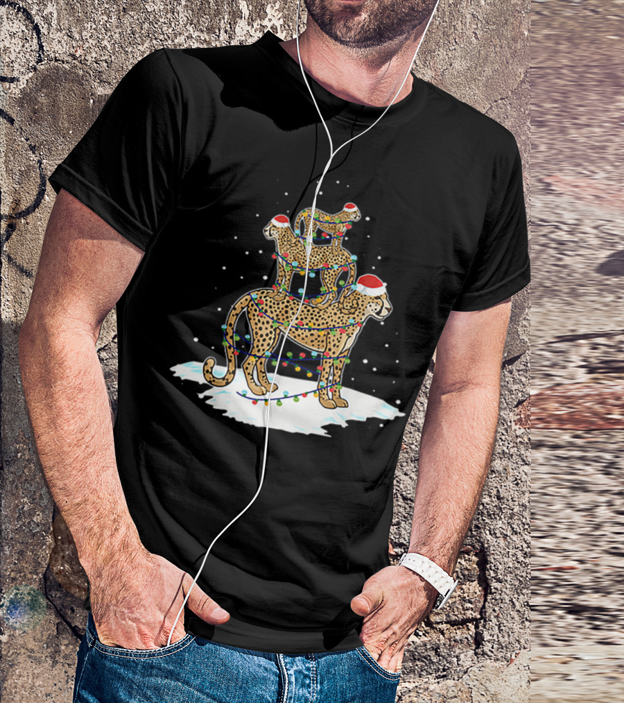 Cheetah Santa Christmas Tree With Festive Lights And Snowflakes T-Shirt