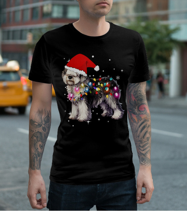 Christmas Lights Olde English Sheepdog Santa Hat T-Shirt