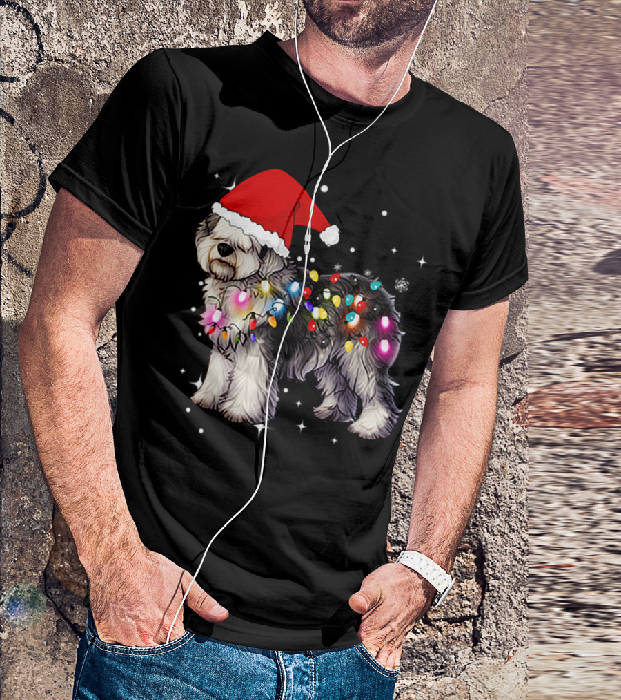 Christmas Lights Olde English Sheepdog Santa Hat T-Shirt