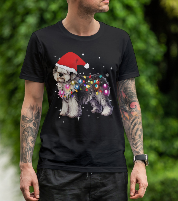 Christmas Lights Olde English Sheepdog Santa Hat T-Shirt