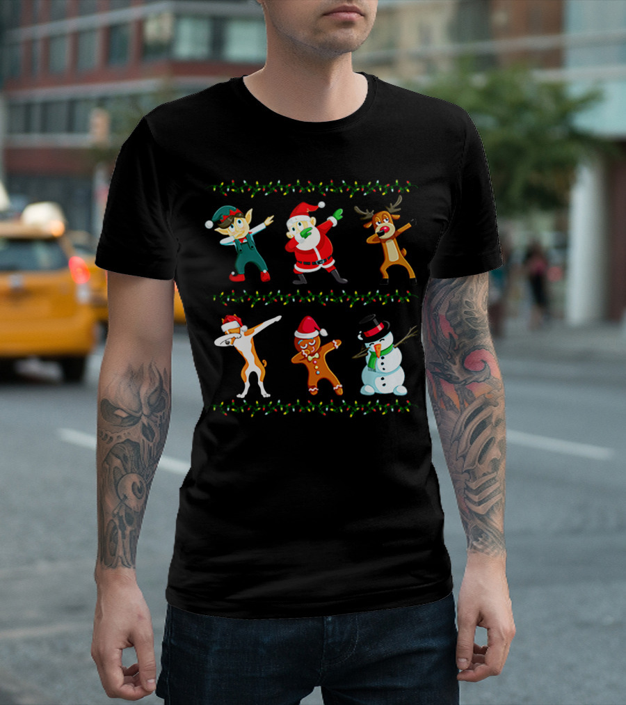 Dabbing Santa Basenji Elf Reindeer Gingerbread Snowman Christmas Lights T-Shirt