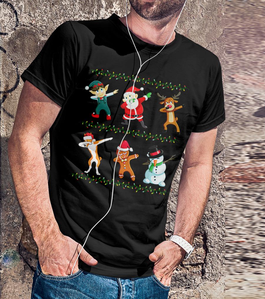 Dabbing Santa Basenji Elf Reindeer Gingerbread Snowman Christmas Lights T-Shirt