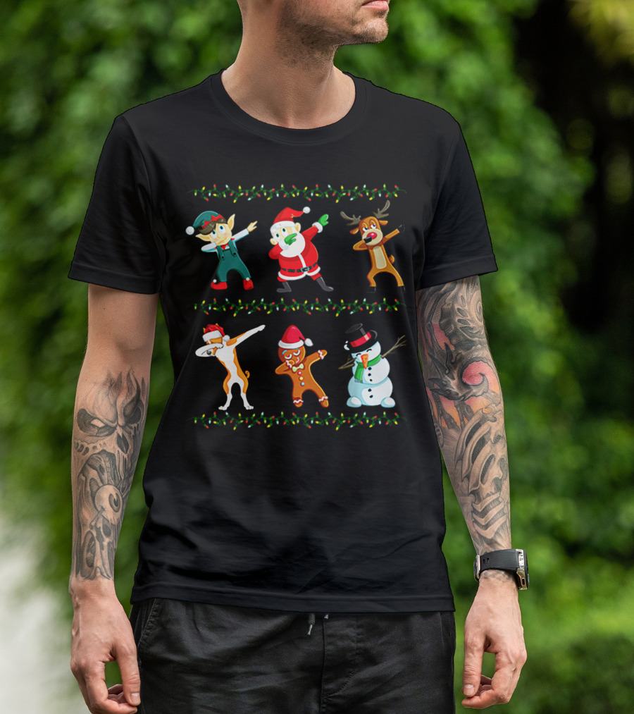 Dabbing Santa Basenji Elf Reindeer Gingerbread Snowman Christmas Lights T-Shirt