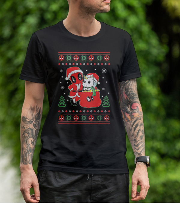 Deadpool Santa With Unicorn Holiday T-Shirt