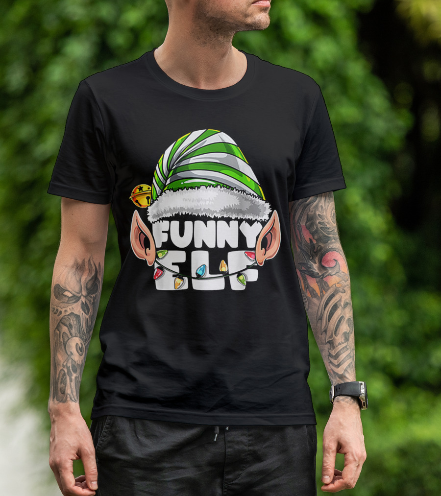 Funny Elf Matching Family Christmas Elf Hat Ears Lights T-Shirt
