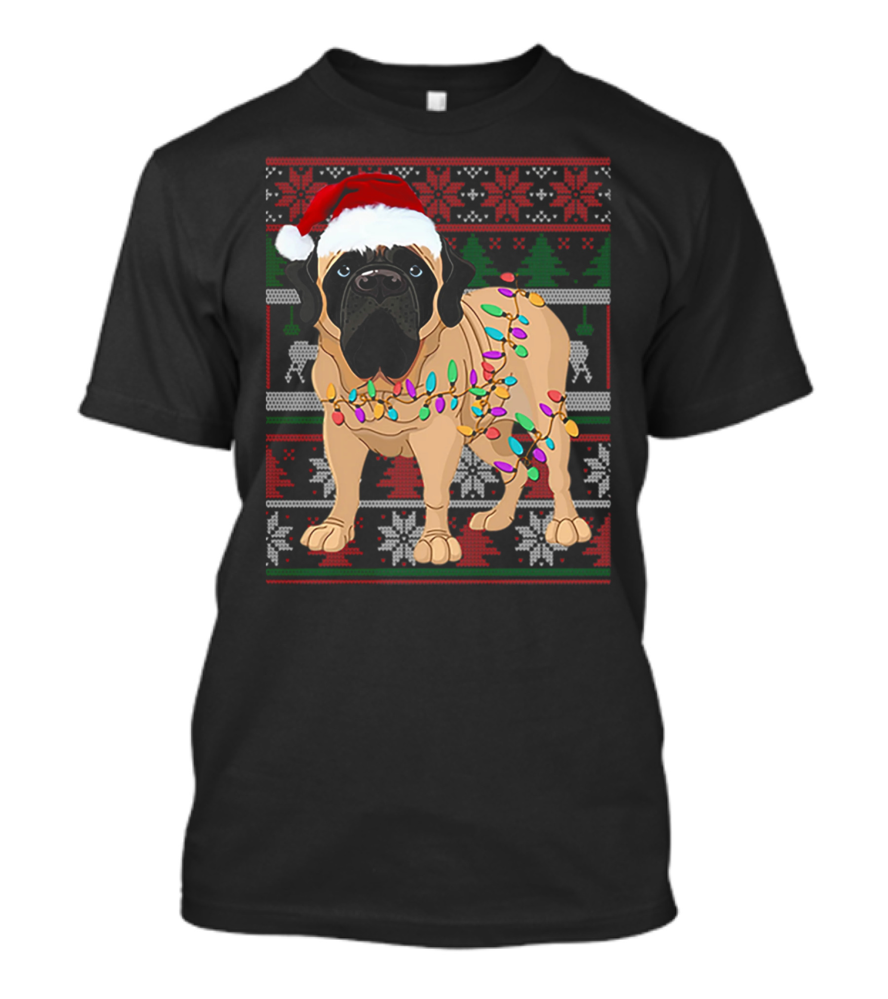 Santa Hat English Mastiff With Christmas Lights And Festive T-Shirt