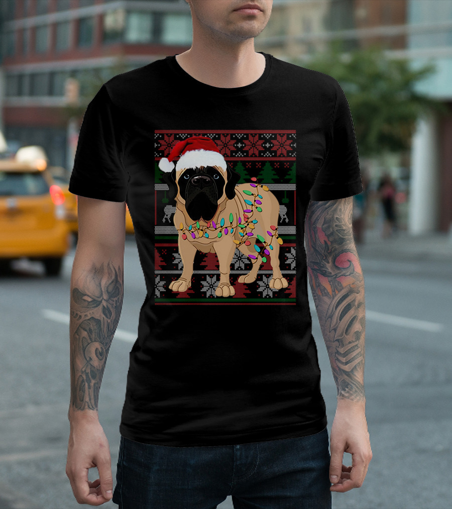 Santa Hat English Mastiff with Christmas Lights and Festive T-Shirt