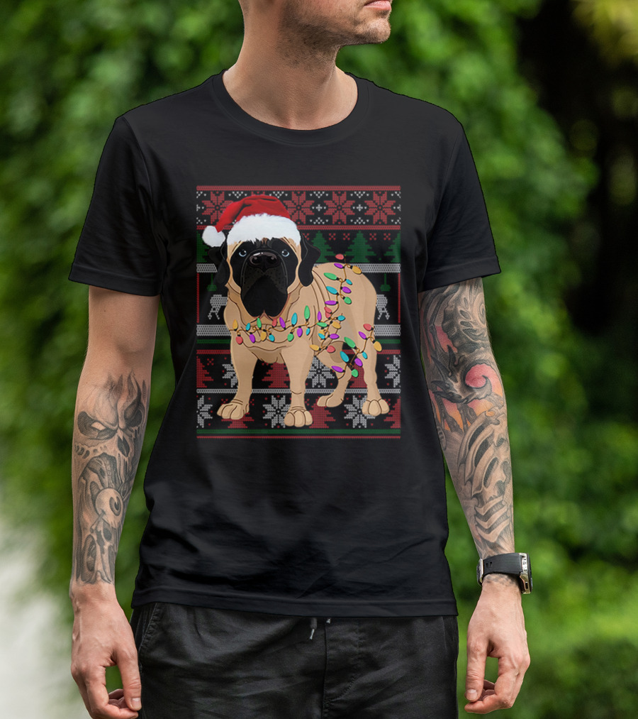 Santa Hat English Mastiff With Christmas Lights And Festive T-Shirt