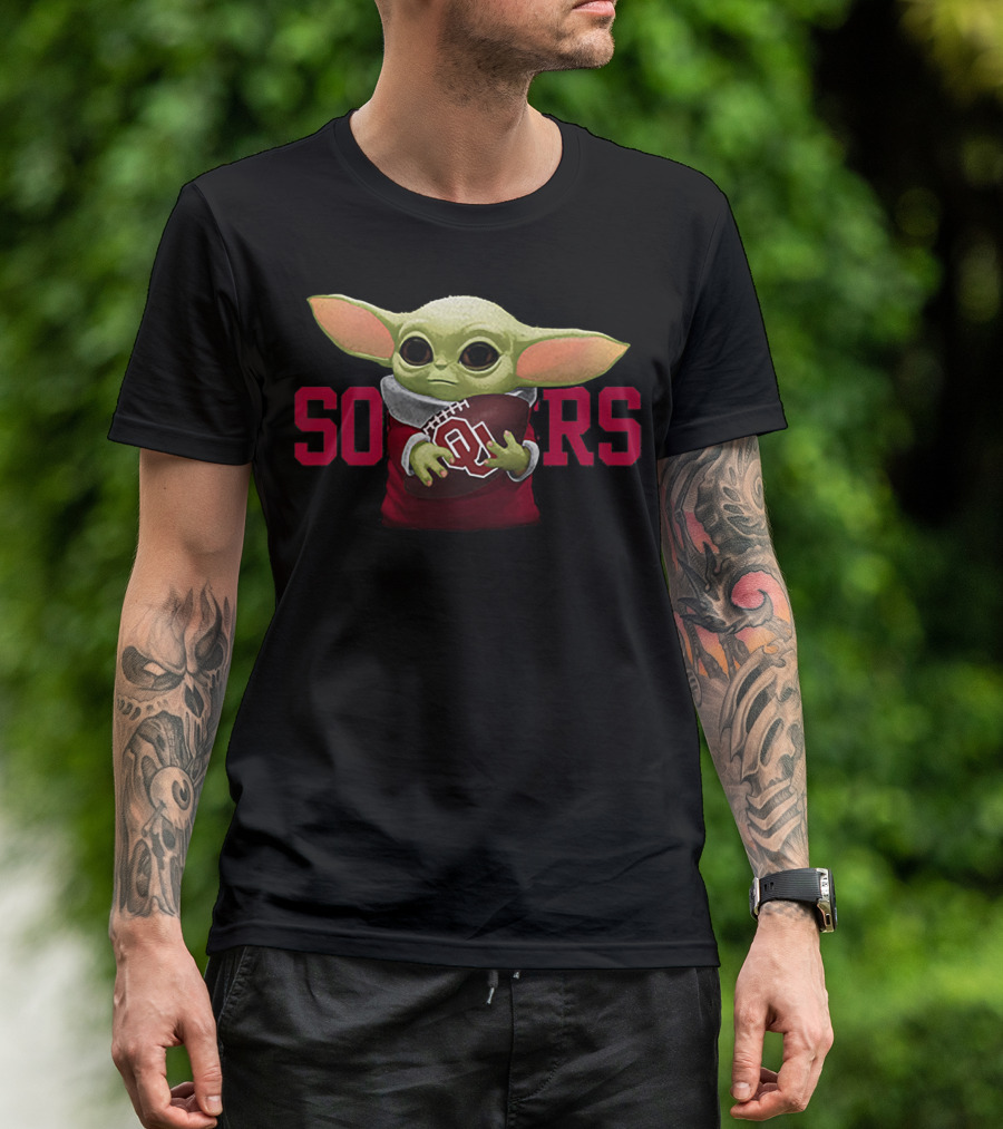 Baby Yoda Holding Football With Oklahoma Sooners T-Shirt