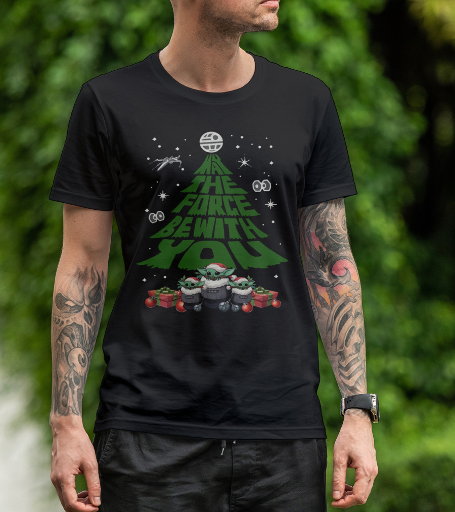 May The Force Be With You Christmas Tree Baby Yoda Ornaments Stars And X-Wing T-Shirt