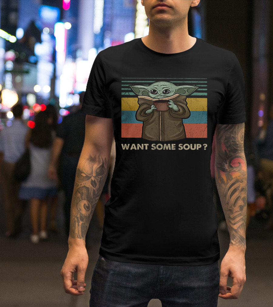 Baby Yoda Want Some Soup Retro Stripes T-Shirt