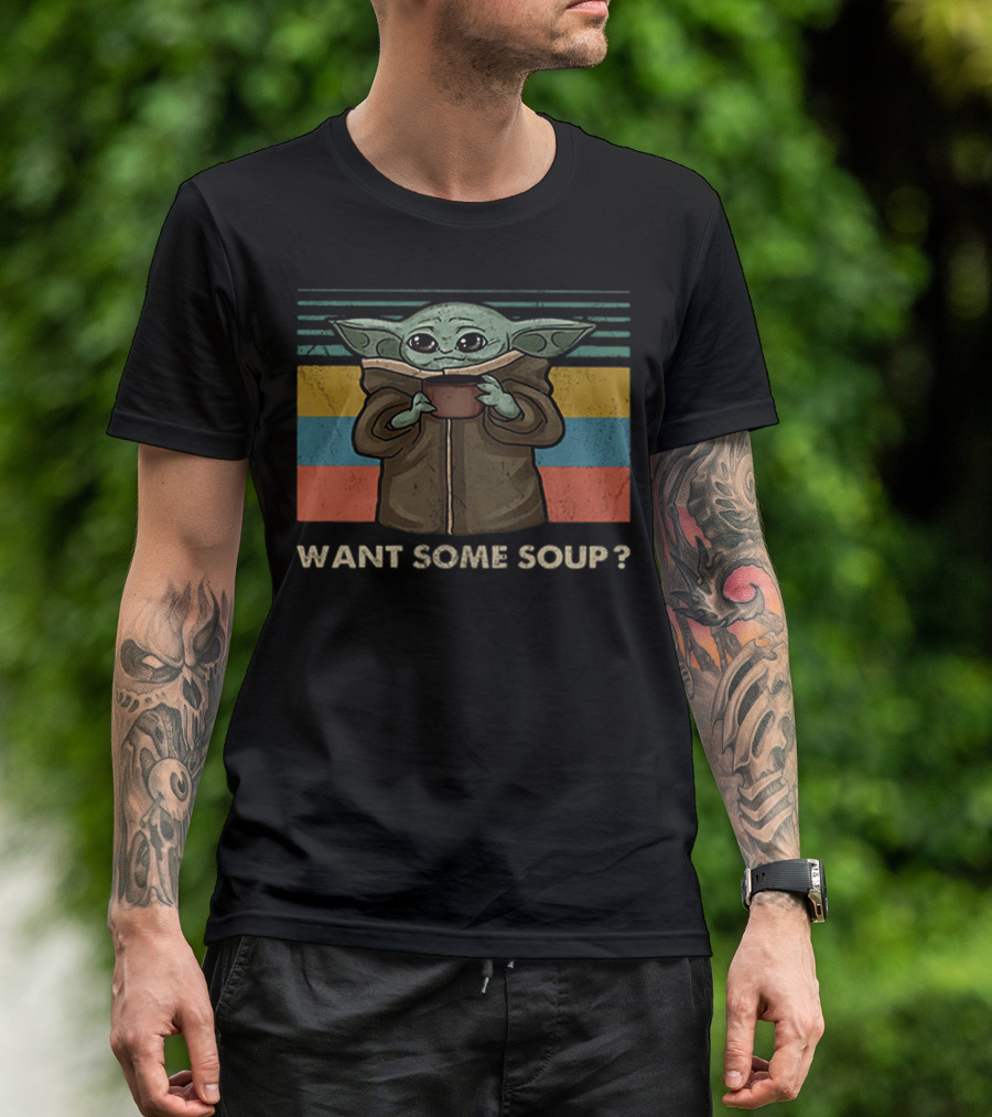 Baby Yoda Want Some Soup Retro Stripes T-Shirt
