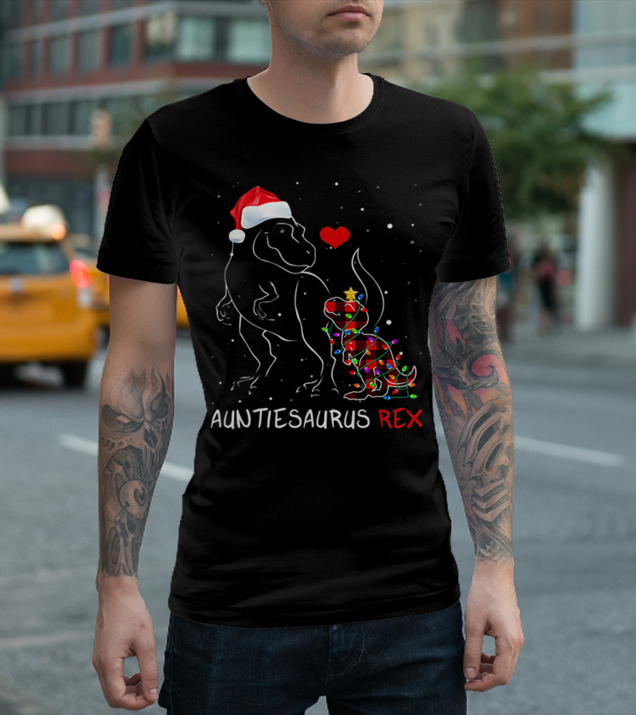 AUNTIESAURUS REX Red Plaid Christmas Dinosaur with Santa Hat and Lights T-Shirt