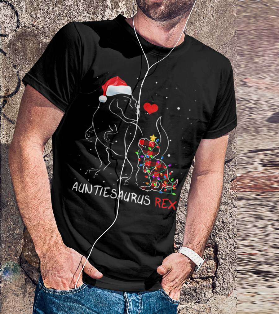 AUNTIESAURUS REX Red Plaid Christmas Dinosaur With Santa Hat And Lights T-Shirt