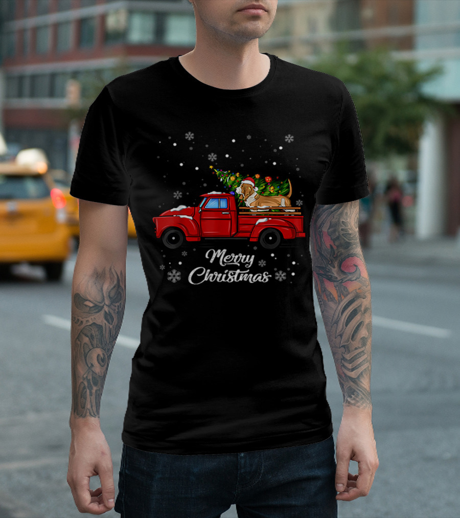 Merry Christmas Basset Hound with Santa Hat on Red Truck with Christmas Tree and Snowflakes T-Shirt