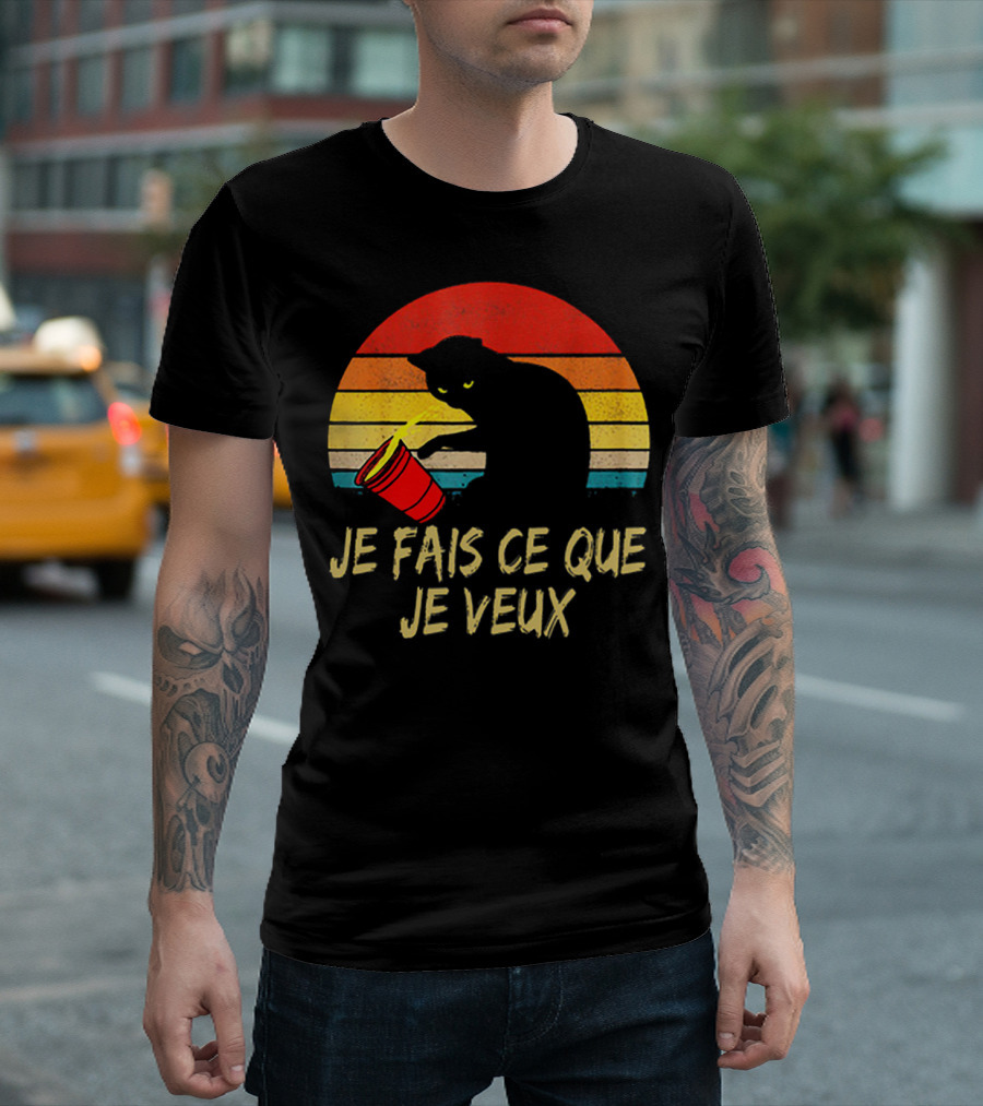 Black Cat Je Fais Ce Que Je Veux Retro Sunset Silhouette 80s T-Shirt