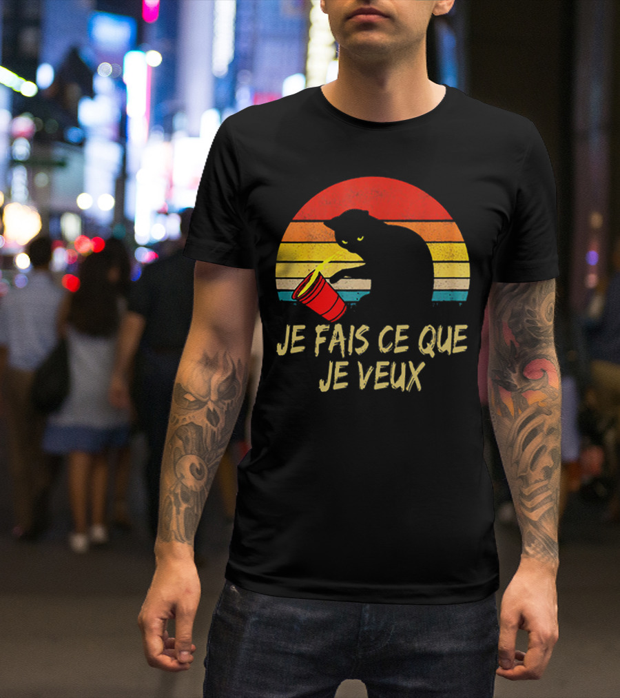 Black Cat Je Fais Ce Que Je Veux Retro Sunset Silhouette 80s T-Shirt