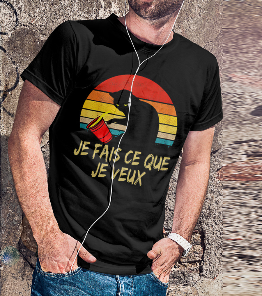 Black Cat Je Fais Ce Que Je Veux Retro Sunset Silhouette 80s T-Shirt