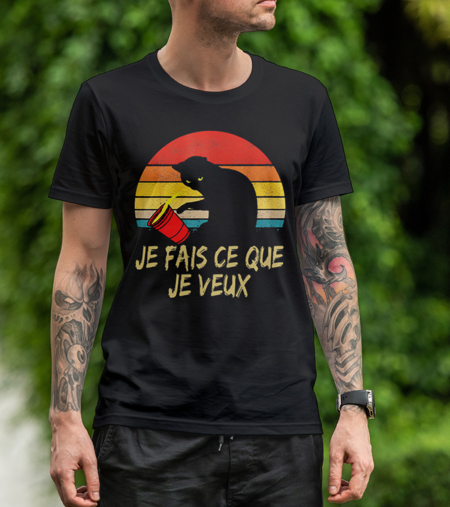 Black Cat Je Fais Ce Que Je Veux Retro Sunset Silhouette 80s T-Shirt