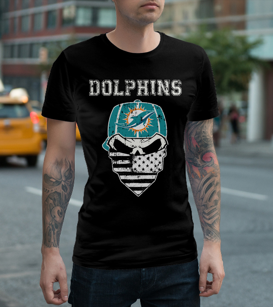 Dolphins Skull Bandana American Flag Miami Emblem T-Shirt