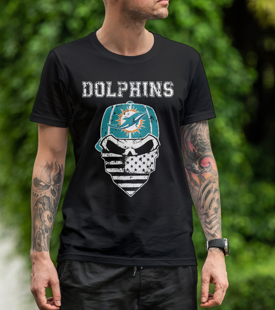 Dolphins Skull Bandana American Flag Miami Emblem T-Shirt