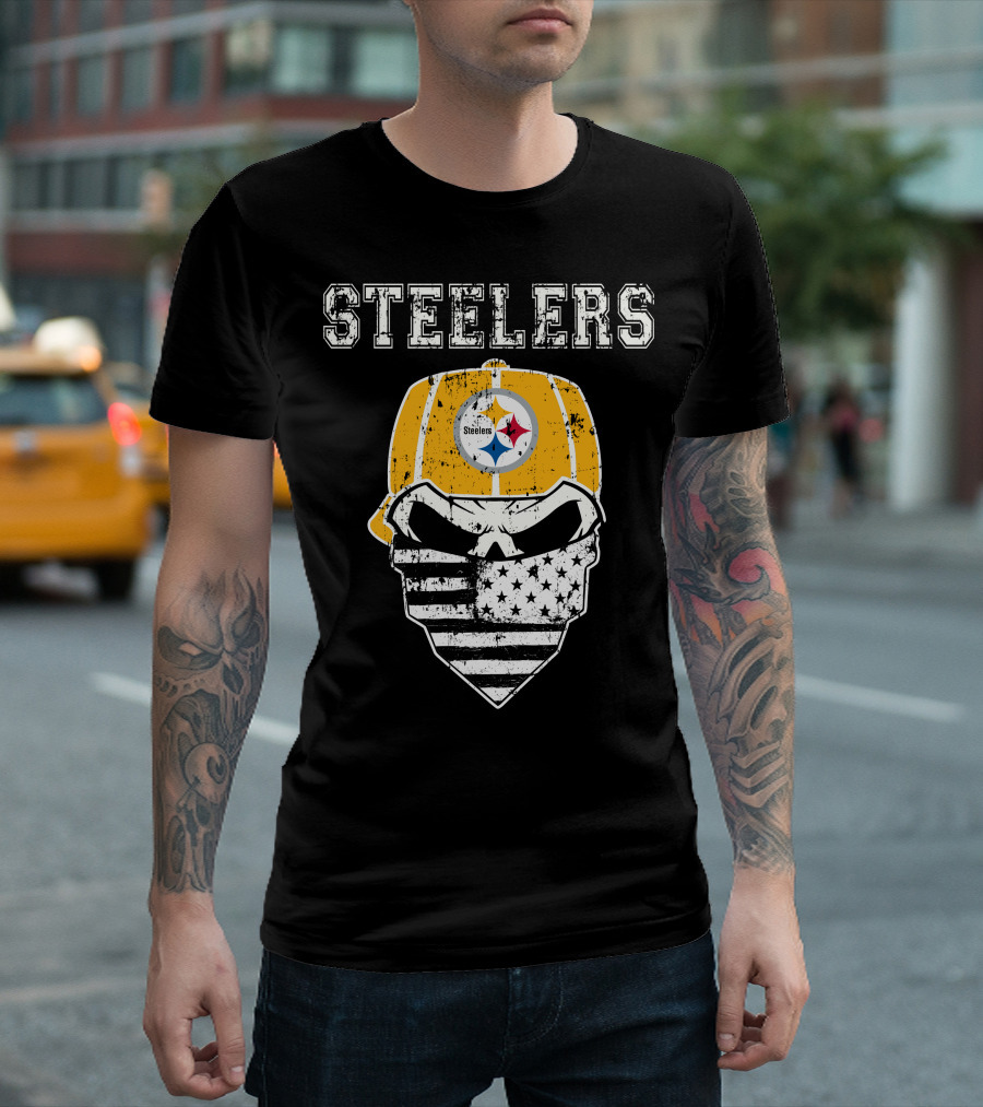 Steelers Skull With American Flag Bandana And Hat T-Shirt