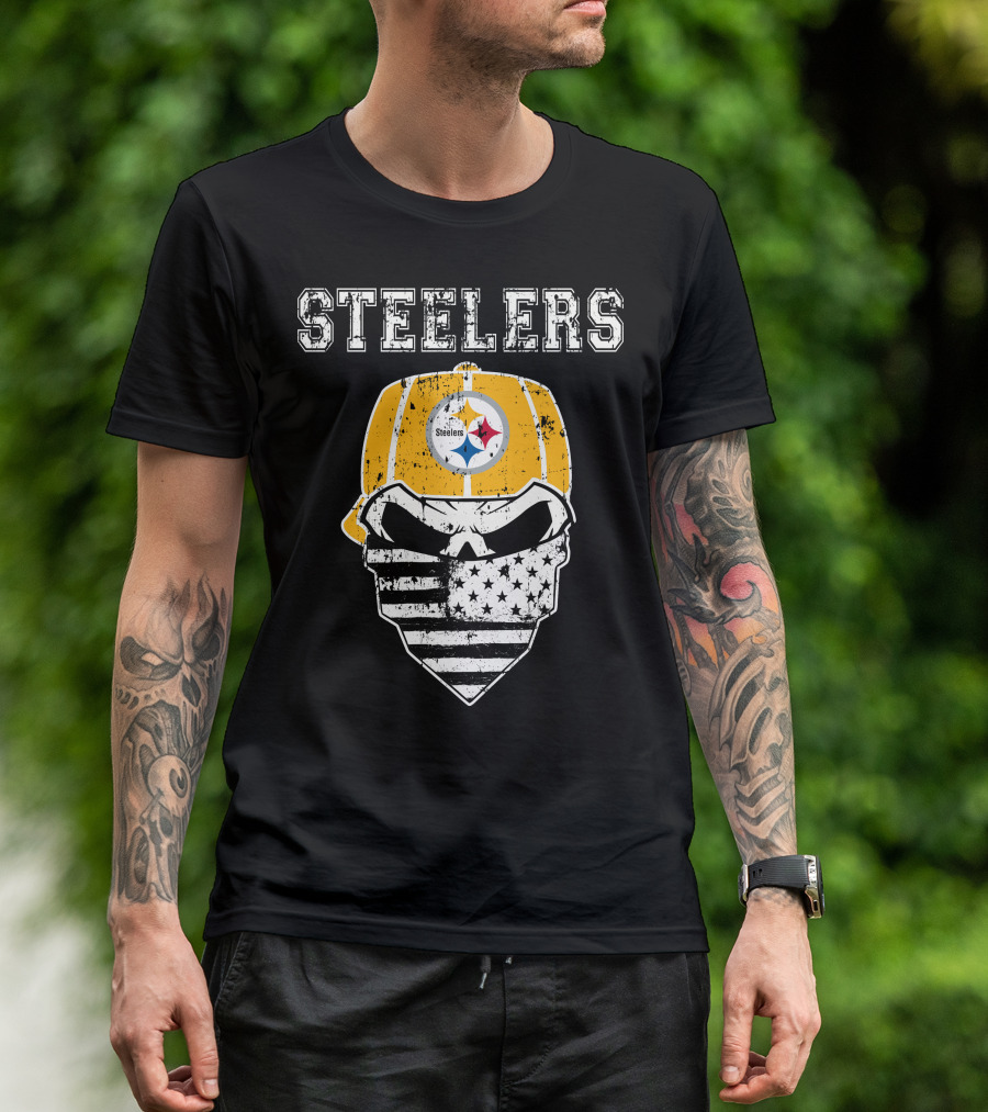 Steelers Skull With American Flag Bandana And Hat T-Shirt