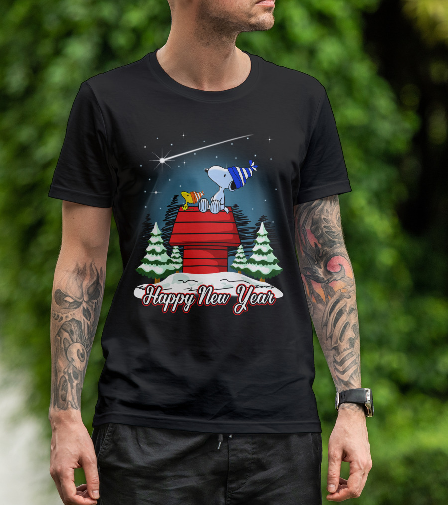 Snoopy Happy New Year With Woodstock On Doghouse Under Starry Sky T-Shirt