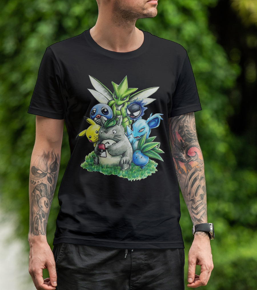 BEST FRIENDS TOTORO PIKACHU BULBASAUR SCYTHER JIGGLYPUFF GASTLY NIDORINA ODDISH MASHUP T-Shirt