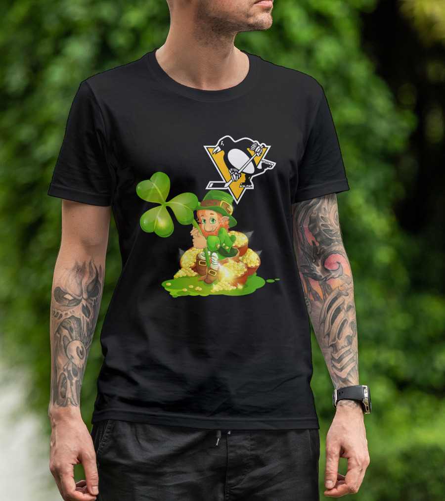 Pittsburgh Penguins St. Patrick's Day Lucky Leprechaun Hockey Shamrock Gold T-Shirt