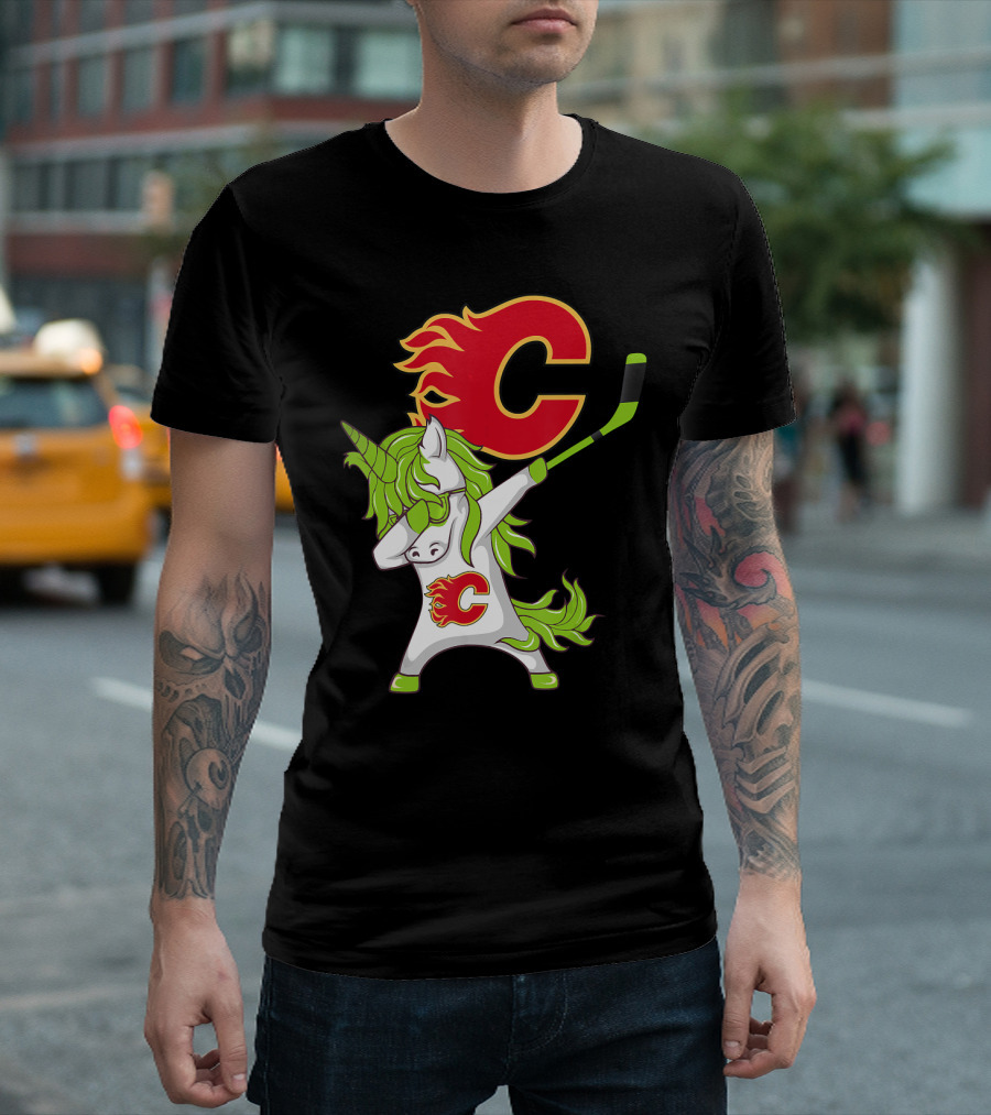 St Patrick Day Dabbing Unicorn Calgary Flames Hockey Stick T-Shirt