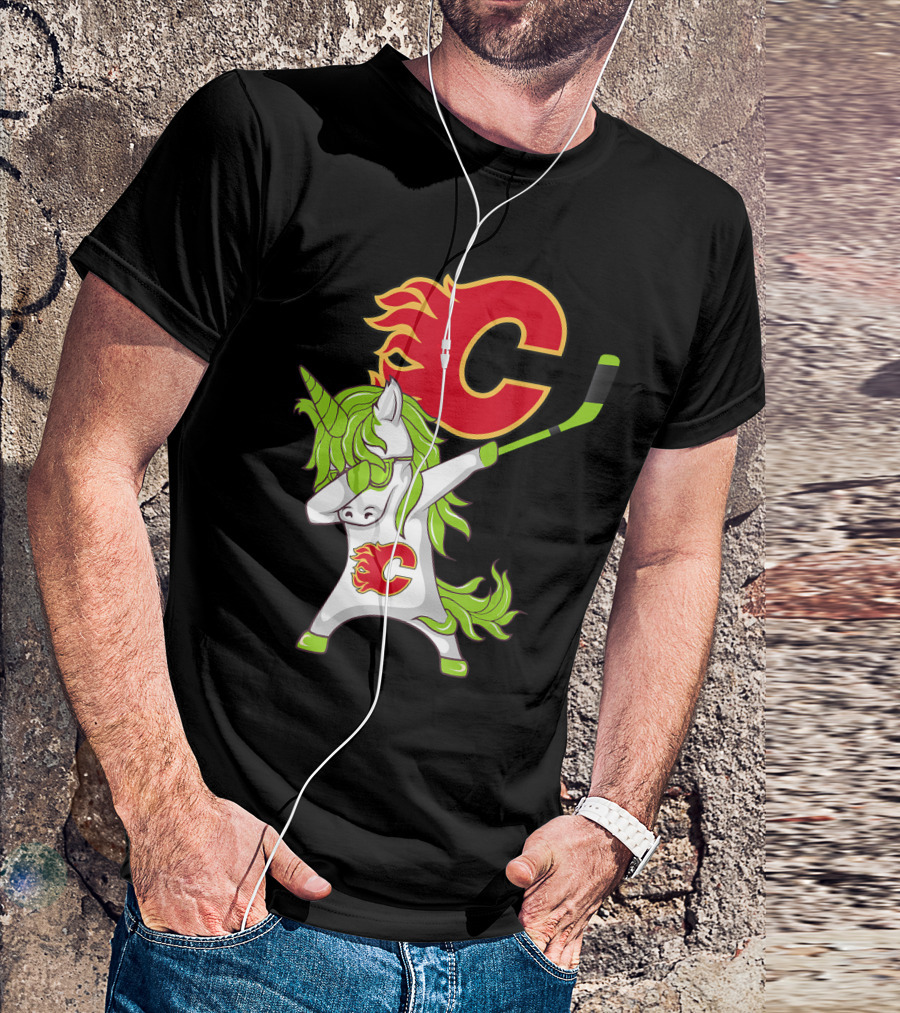 St Patrick Day Dabbing Unicorn Calgary Flames Hockey Stick T-Shirt