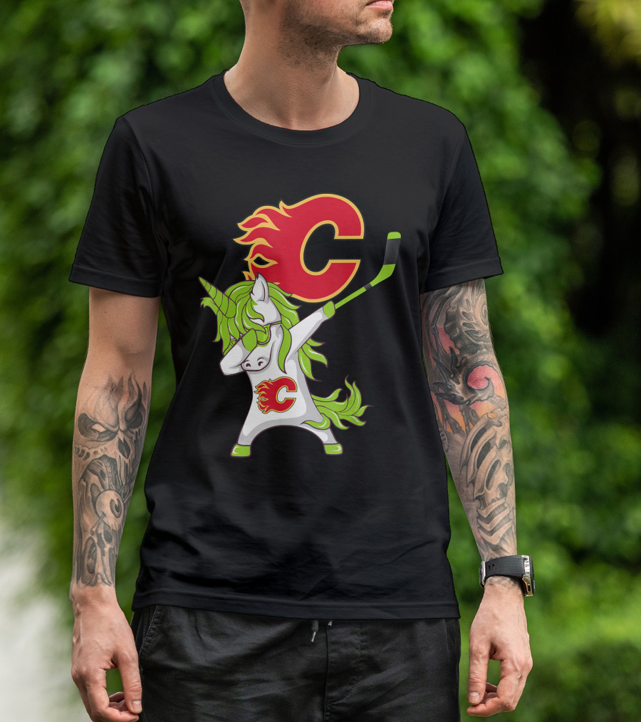 St Patrick Day Dabbing Unicorn Calgary Flames Hockey Stick T-Shirt
