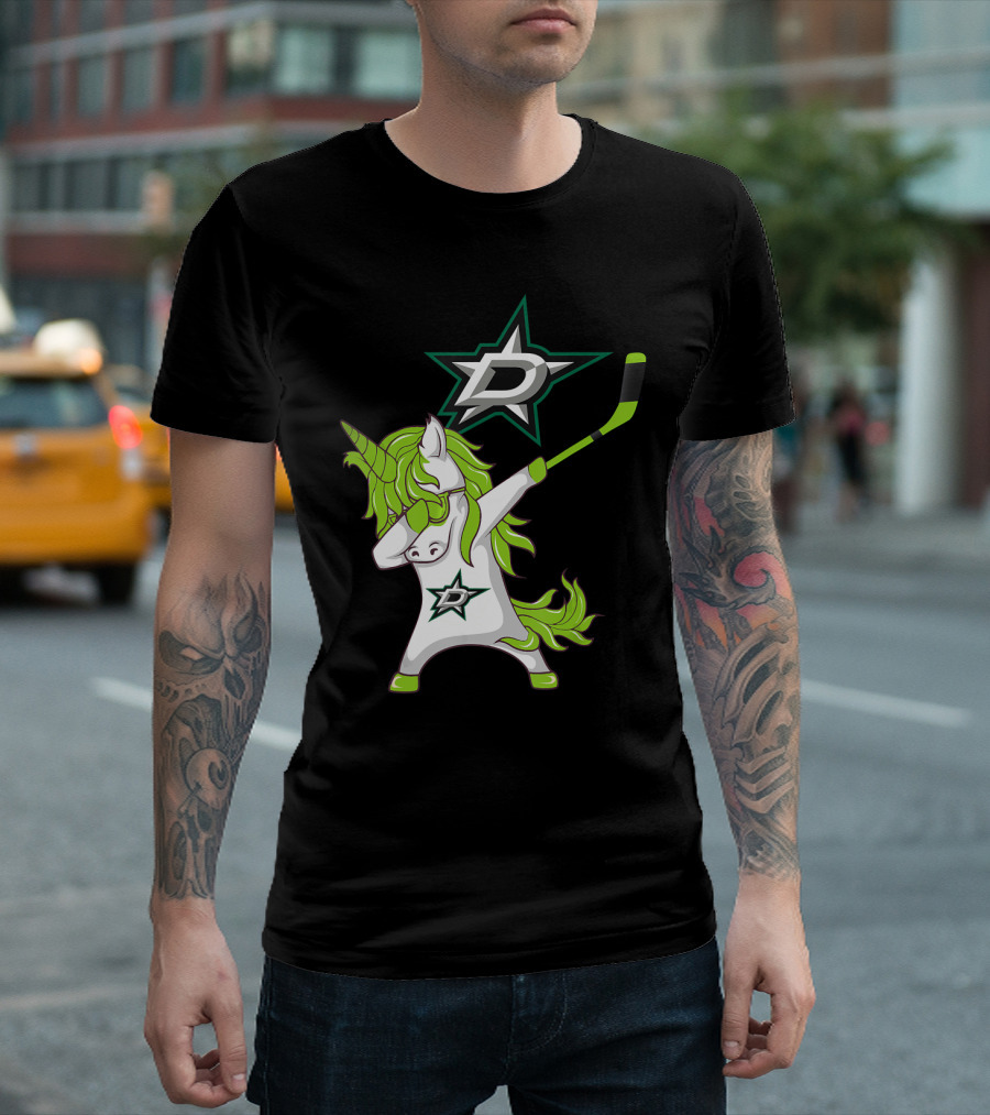 St Patrick's Day Dabbing Unicorn With Hockey Stick Dallas Stars T-Shirt