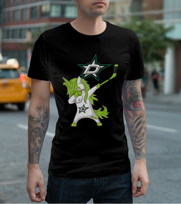St Patrick's Day Dabbing Unicorn With Hockey Stick Dallas Stars T-Shirt