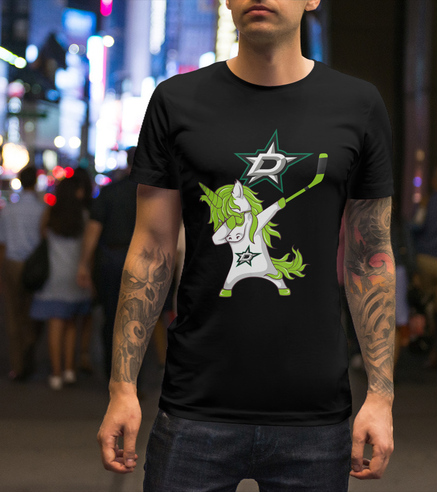 St Patrick's Day Dabbing Unicorn With Hockey Stick Dallas Stars T-Shirt