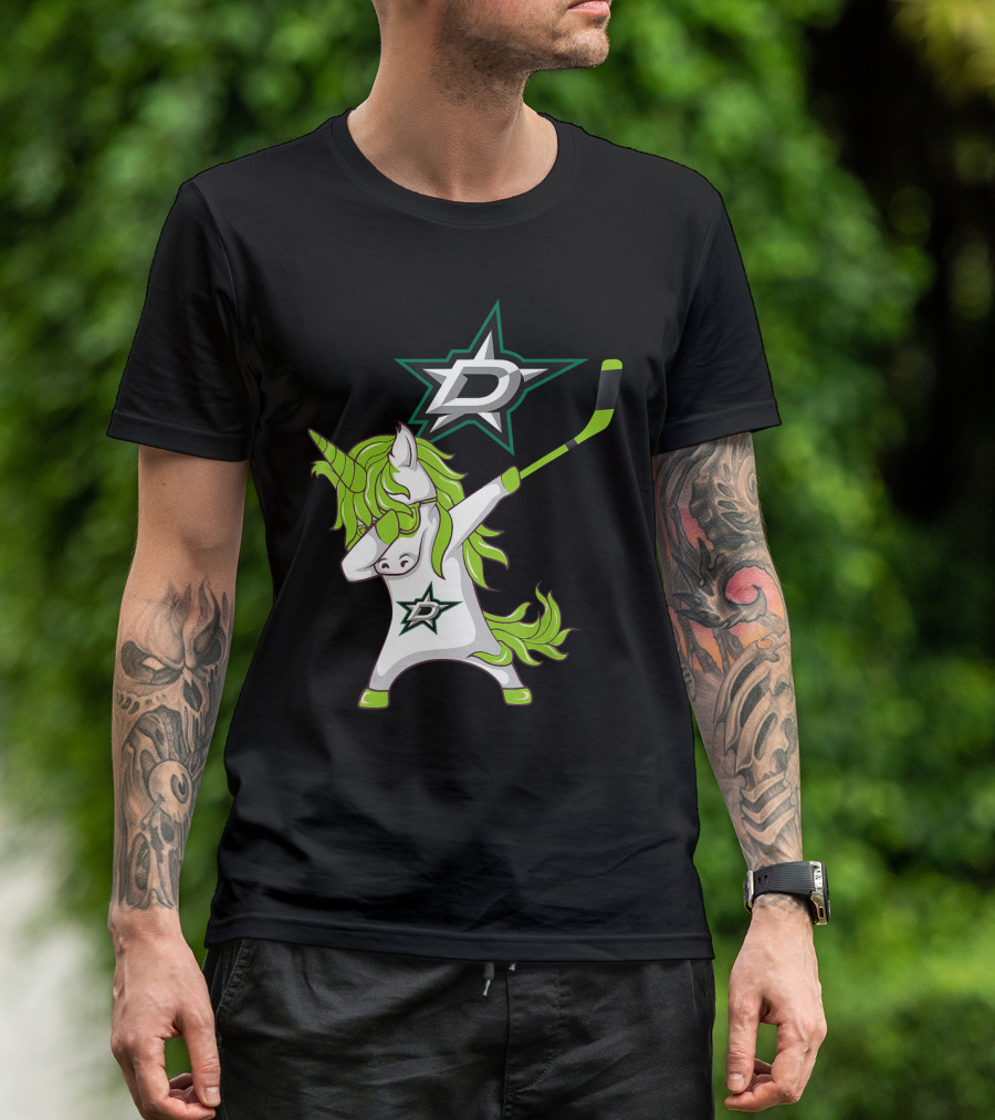 St Patrick's Day Dabbing Unicorn With Hockey Stick Dallas Stars T-Shirt