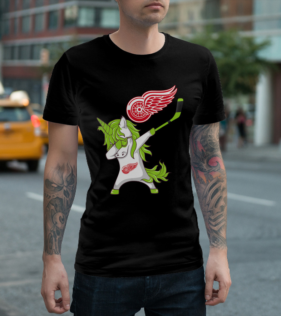 Detroit Red Wings St Patrick's Day Dabbing Unicorn Hockey Stick T-Shirt