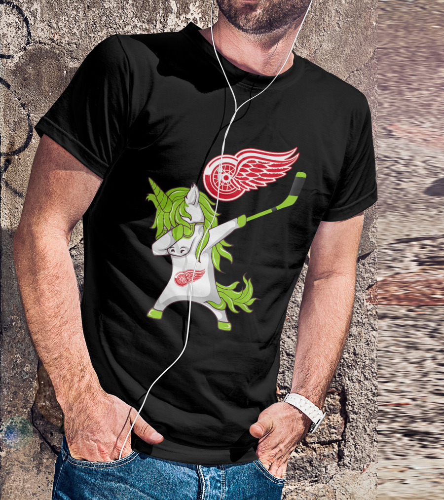 Detroit Red Wings St Patrick's Day Dabbing Unicorn Hockey Stick T-Shirt