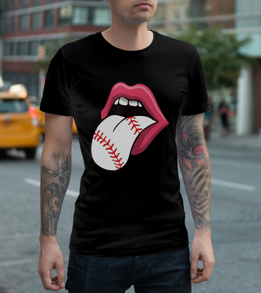 Baseball Red Lips Tongue Stitch T-Shirt