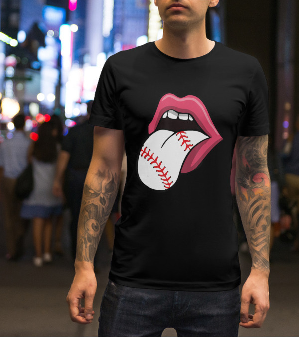 Baseball Red Lips Tongue Stitch T-Shirt