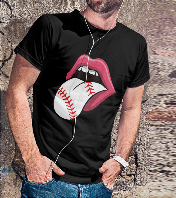 Baseball Red Lips Tongue Stitch T-Shirt