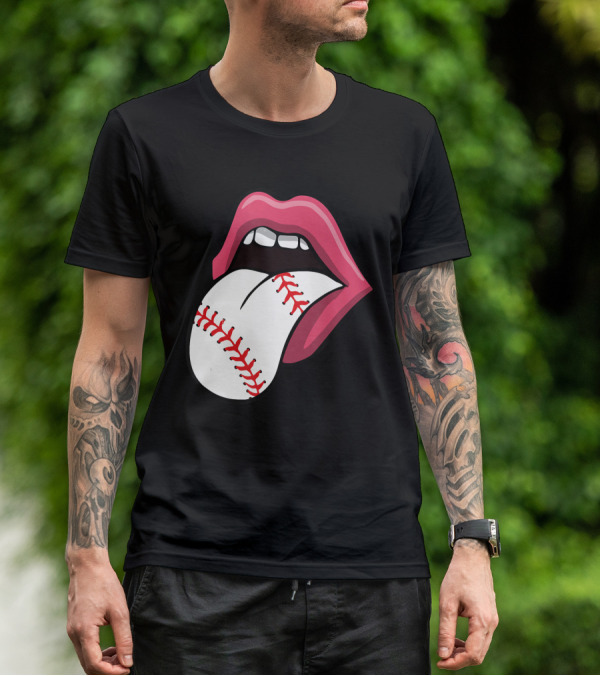 Baseball Red Lips Tongue Stitch T-Shirt